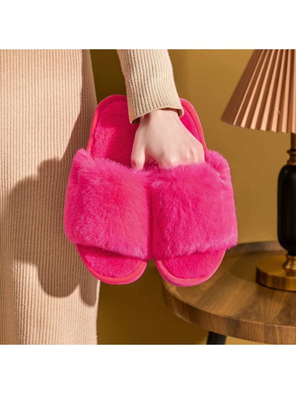 Women's Rose Red Indoor Memory Foam Soft Faux Fur Nonslip Open Toe Slipper Shoes - Picture 3 of 7